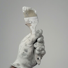 A person is holding a paintbrush with white paint on it. The brush is dirty and the person is wearing gloves. Concept of painting or creating art, and the mood is somewhat messy and casual