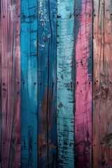 Vintage background of wooden board wall with a colors of teal, blue, green, pink, purple, violet and white	