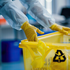 A person wearing a white lab coat and yellow gloves is holding a yellow trash can. The trash can has a recycling symbol on it