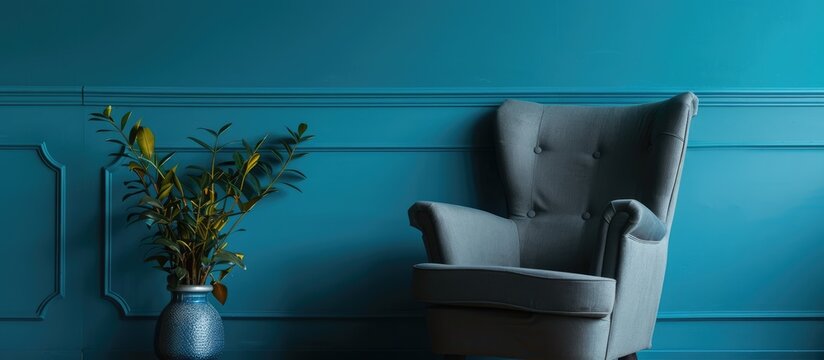Grey armchair beside painted blue wall