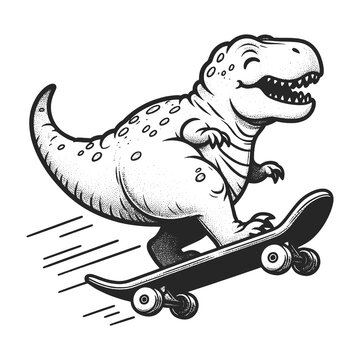Cartoon dinosaur riding skateboard sketch engraving generative ai raster illustration. Scratch board imitation. Black and white image.