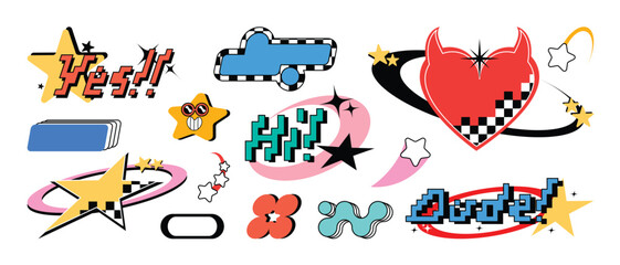 Collection of retro elements for design. Abstract geometric shapes in y2k style with quote patch and modern slang word.  
Groovy Illustration Vector Design for banners, stickers, logo, icon.
