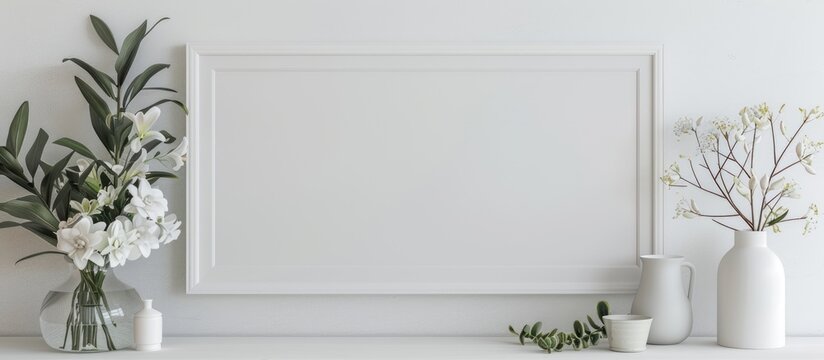 Mockup of a poster frame featured from the front, adorned with decorative elements, flowers, and empty space for text on a white backdrop.