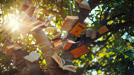 International literacy day concept with tree with book like leaves. knowledge concept with colorful...