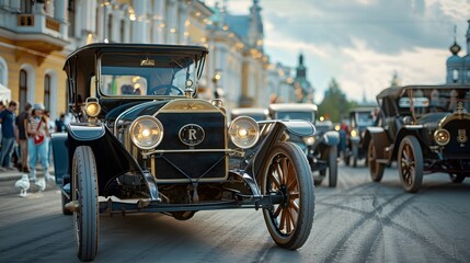 A procession of antique automobiles, with their headlights gleaming, parades down a city street, reviving the glory of early automotive history. - obrazy, fototapety, plakaty