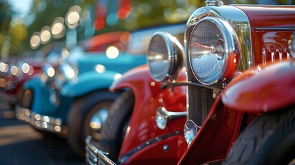 A collection of vintage automobiles line up, showcasing their polished chrome and vibrant colors at a classic car show.