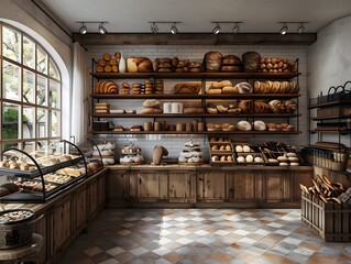 Within the warm confines of an artisan bakery, rustic wooden shelves proudly display a delightful assortment of freshly baked bread, pastries, and desserts, tempting every passerby.
