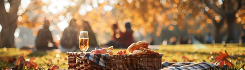 A serene autumn picnic setup with a glass of sparkling wine and ripe apples on a checkered blanket amidst fallen leaves in a park bathed in golden light. - obrazy, fototapety, plakaty