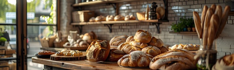 Within the snug confines of an artisan bakery, freshly baked goods, while rustic wooden shelves proudly showcase a tempting assortment of bread, pastries, and desserts.