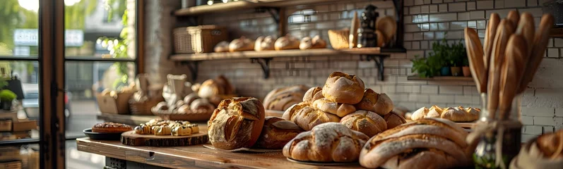 Fotobehang Within the snug confines of an artisan bakery, freshly baked goods, while rustic wooden shelves proudly showcase a tempting assortment of bread, pastries, and desserts. © Chomphu