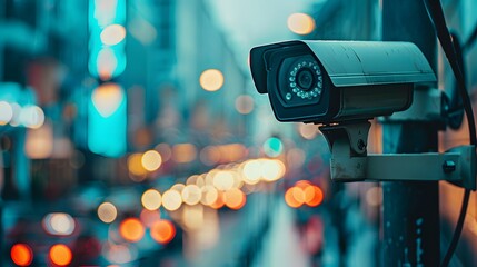 Close-up of a security camera against a blurred background of a busy street at twilight, with glowing city lights. - obrazy, fototapety, plakaty