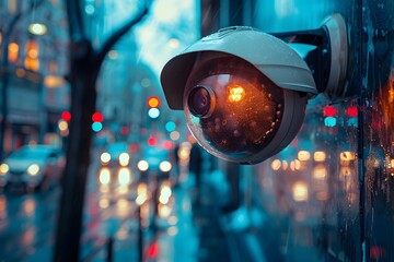 Against the backdrop of a busy street at twilight, the close-up of a security camera emerges sharply, its surroundings blurred into a tapestry of glowing city lights. - obrazy, fototapety, plakaty