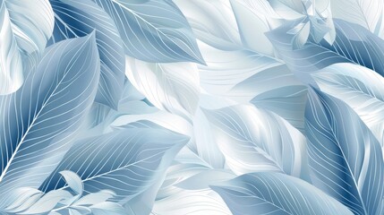 A close-up view of a blue and white wallpaper adorned with intricate leaf designs, adding a touch of nature to the interior decor