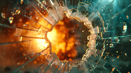 Dramatic 3D illustration of an explosion causing a hole and cracks in glass - obrazy, fototapety, plakaty