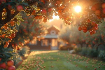 Apple tree orchard in the backyard of farmhouse in sunset