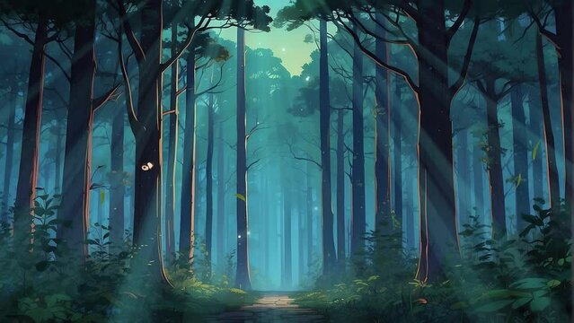 Delve into the mysterious depths of a dark forest at night, captured in a captivating 4K video footage loop