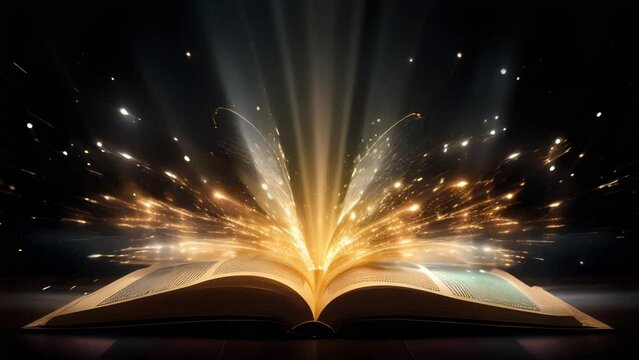 Golden magic book with spells, golden glow around