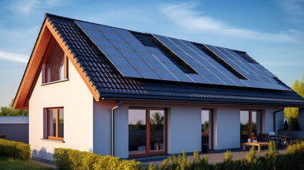 House roof with solar panels installed in the suburban area