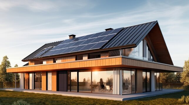 House roof with solar panels installed in the suburban area