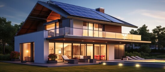 House roof with solar panels installed in the suburban area - obrazy, fototapety, plakaty