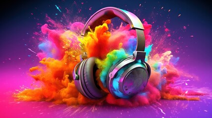 Stereo headphones exploding in festive colorful splash - obrazy, fototapety, plakaty