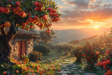 Farmhouse with apple tree orchard in sunset