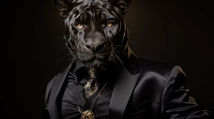 Tuinposter Black panther in dark suit and tie ai generated character anthropomorphic © AImg