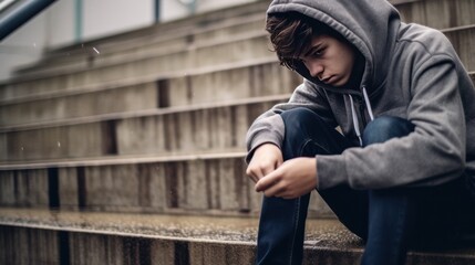 Sad depressed teenager sitting outdoors alone