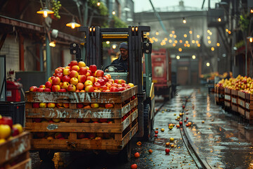 Worker driving forklift stacking apple crates on pallets in warehouse