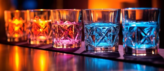An array of drinkware filled with various colored liquids such as water, purple, violet, magenta...