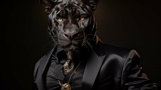 Black panther in dark suit and tie ai generated character anthropomorphic