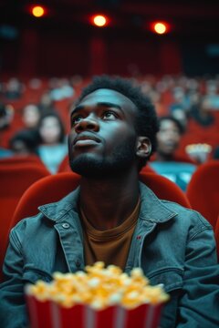 A man sitting in a movie theater, absorbed in watching a movie on the big screen
