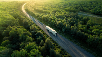 Truck driving on the highway in the rays of the setting sun. Aerial view of a car road with traffic on during sunset