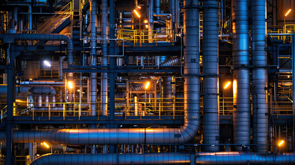 A close up of a large industrial pipe system with yellow and blue lights. Concept of complexity and industrialization