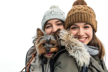 cheerful young women in winter jacket and hat with backpack hugging cute dog isolated on white,Smiling women with backpack and Yorkshire Terrier dog on white background