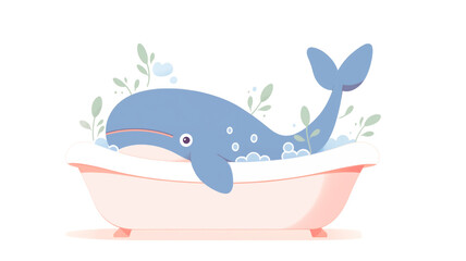 Hand drawn cartoon illustration of cute whale in bathtub

