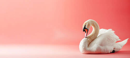 A white swan is laying on a pink background. The swan is looking at the camera and he is in a playful mood. A swan with pink background with copy space - obrazy, fototapety, plakaty