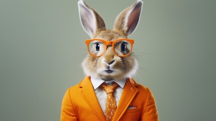 Rabbit dressed in an elegant orange suit, tie and glasses