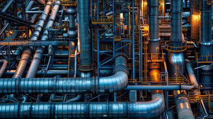 A large industrial pipe system with many different pipes and valves. Concept of complexity and organization, as the pipes are arranged in a way that suggests a well-planned and efficient system