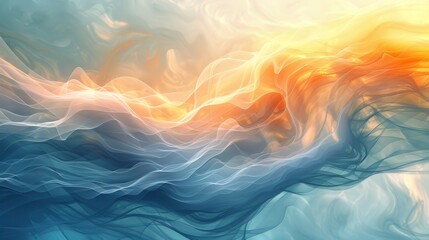 A painting showcasing the dynamic movement of a wave in shades of blue and yellow, capturing the energy and force of the ocean - obrazy, fototapety, plakaty