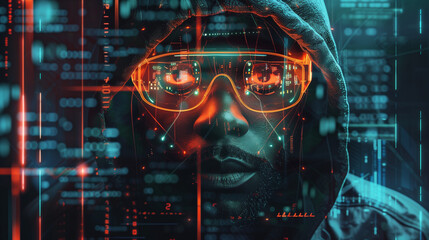 
hacker wearing a hoodie and glowing cybernetic eyewear, surrounded by a futuristic digital interface as they execute a complex cyber attack. - obrazy, fototapety, plakaty