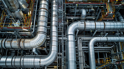 A large industrial pipe system with many different pipes and tubes. The pipes are silver and yellow. Concept of complexity and industrialization