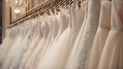 Fototapeta na wymiar Beautiful wedding dresses, bridal dress hanging on hangers and mannequins in studio, shop