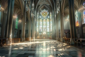 A grand cathedral with intricate architecture and stained glass windows, 8k, realistic, full ultra HD, high resolution, cinematic - obrazy, fototapety, plakaty