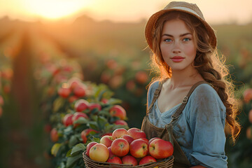 Beautiful woman holding wicker basket full of ripe red apples