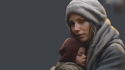 Poor mother and daughter with bread - obrazy, fototapety, plakaty