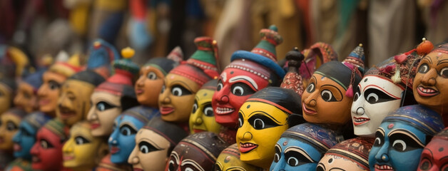 wide background banner of Colorful human face mask dummies hanging on streets in Hindu cultural event Dussehra festival - obrazy, fototapety, plakaty