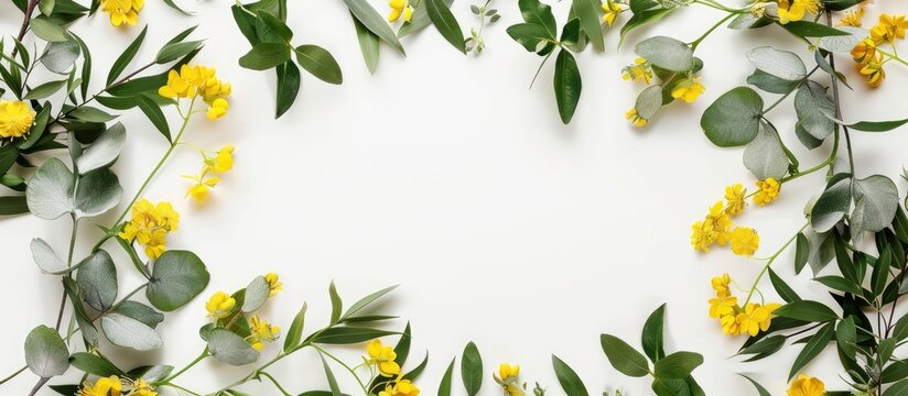 Yellow flowers and eucalyptus branches arranged in a wreath on a white background. Photo taken from above with empty space around.
