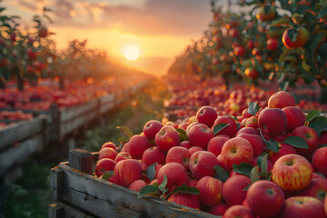 Crates filled with ripe apples in an orchard at harvest time