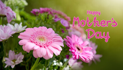 Mothers day card with flower bouquet isolated on blur green background.